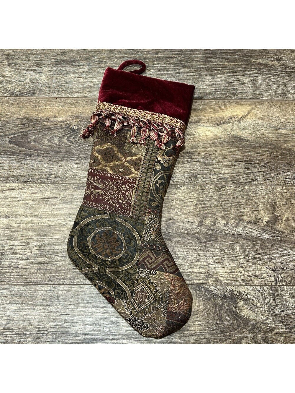 Victorian Style Velvet Christmas Stocking 21 in. Burgandy, Gold, Brocade, Tassle